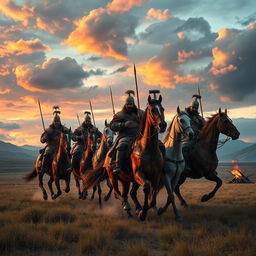 A powerful and dramatic depiction of the Horsemen of the Mongol Empire, showcasing fierce warriors on horseback dressed in traditional Mongol armor and attire