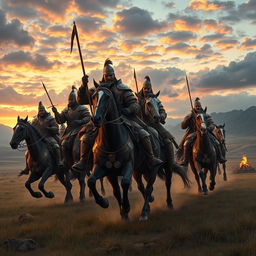 A powerful and dramatic depiction of the Horsemen of the Mongol Empire, showcasing fierce warriors on horseback dressed in traditional Mongol armor and attire