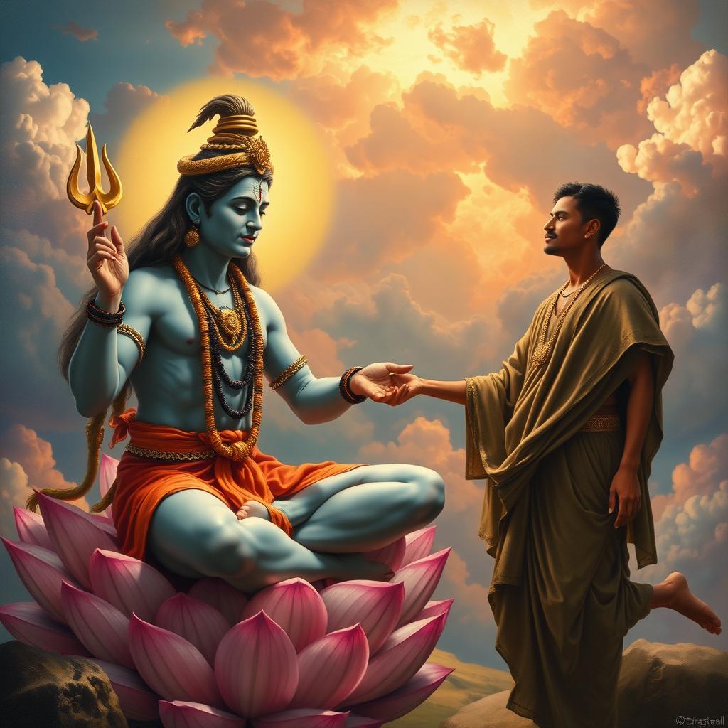 A reinterpretation of the famous 'Creation of Adam' painting, featuring Lord Shiva reaching out to touch the hand of a devotee in a divine connection