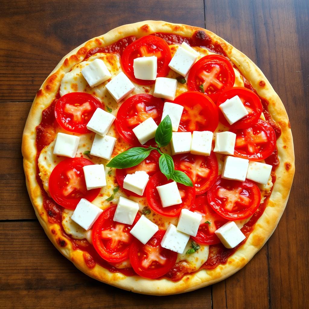 A vibrant pizza topped with juicy tomato slices and soft paneer cubes, layered generously with melted mozzarella cheese