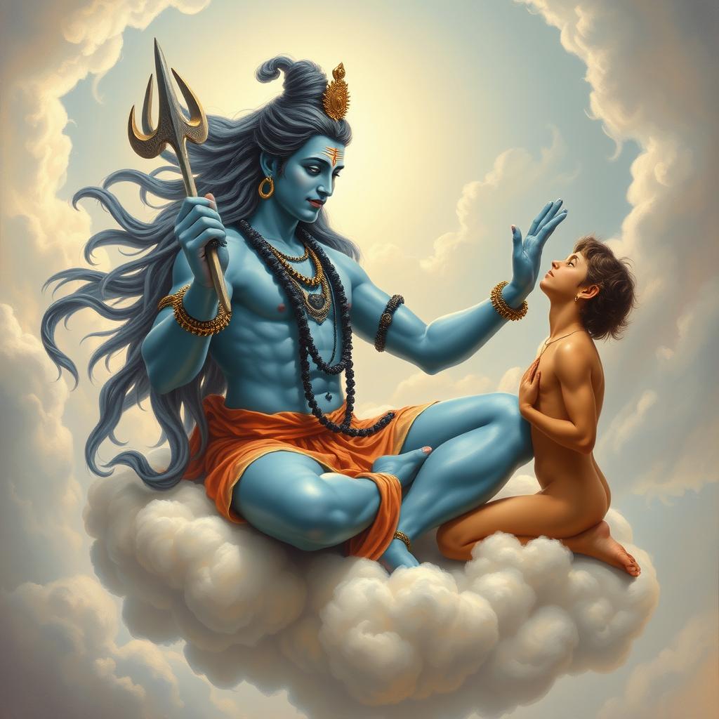 An artistic interpretation of the 'Creation of Adam' painting, featuring Lord Shiva in the iconic pose, reaching out to touch the hand of a devotee