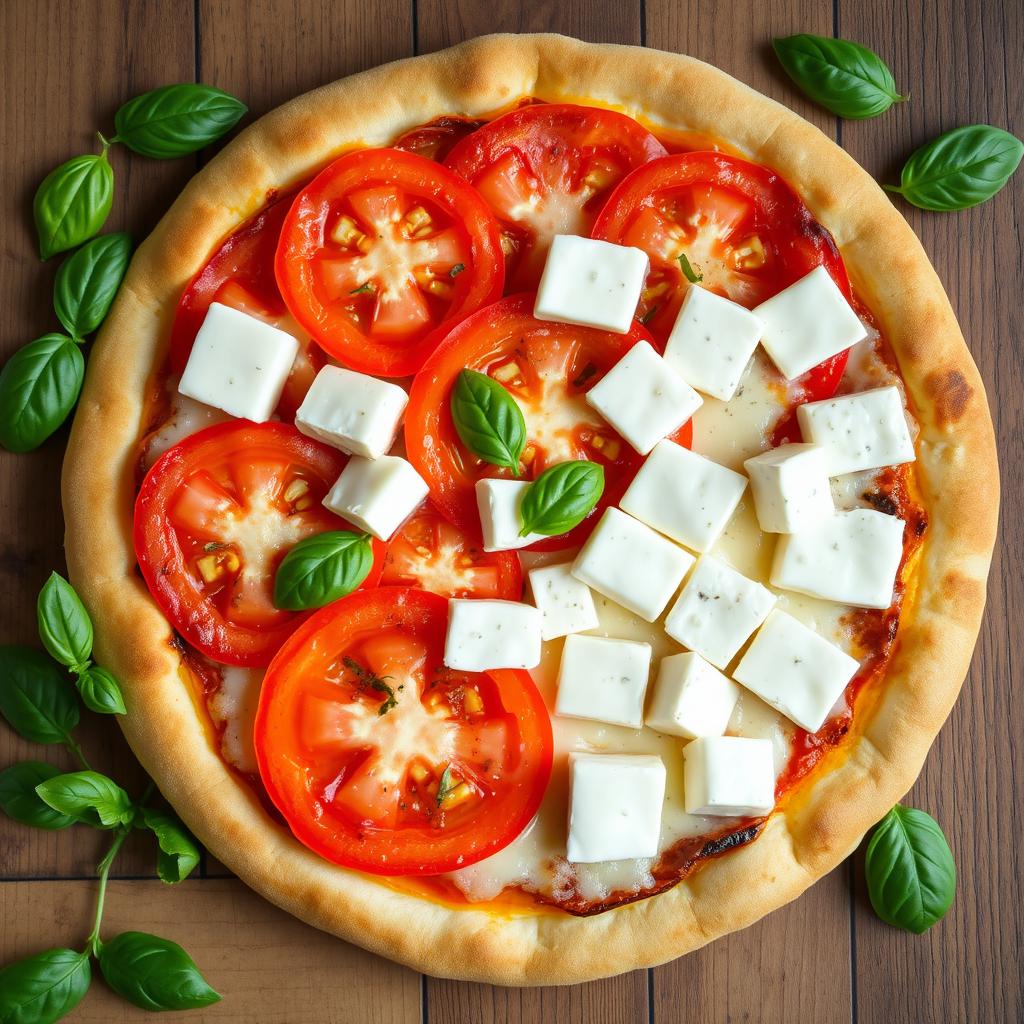 A delicious pizza topped with juicy, ripe tomato slices and soft paneer cubes, all layered generously with gooey mozzarella cheese