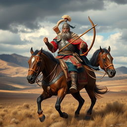 A fierce and powerful Mongolian warrior from the Mongol Empire, dressed in traditional armor, riding a strong horse across the vast steppes