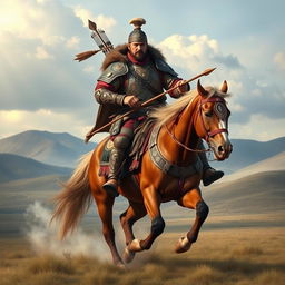 A fierce and powerful Mongolian warrior from the Mongol Empire, dressed in traditional armor, riding a strong horse across the vast steppes
