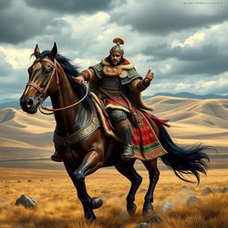 A fierce and powerful Mongolian warrior from the Mongol Empire, dressed in traditional armor, riding a strong horse across the vast steppes