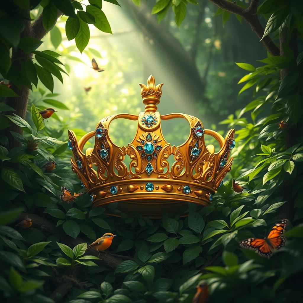 A majestic royal crown nestled among the lush greenery of a dense forest, with rays of sunlight filtering through the leaves, creating a magical atmosphere