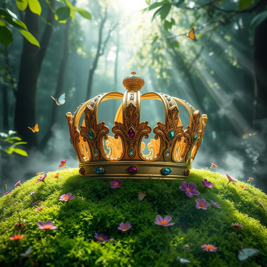 A majestic king's crown resting on a bed of lush green moss in a mystical forest