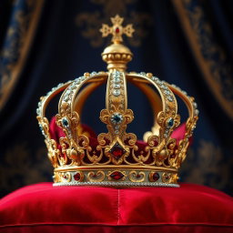 A majestic royal crown, intricately designed with sparkling jewels and golden embellishments