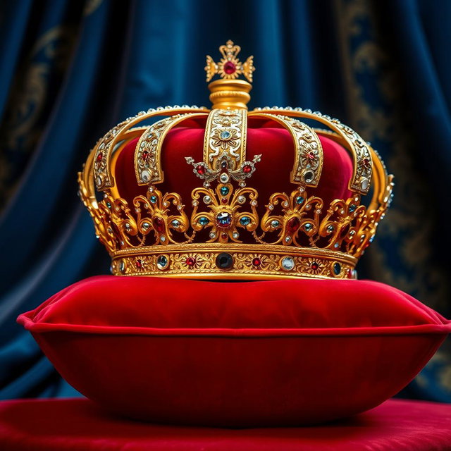 A majestic royal crown, intricately designed with sparkling jewels and golden embellishments