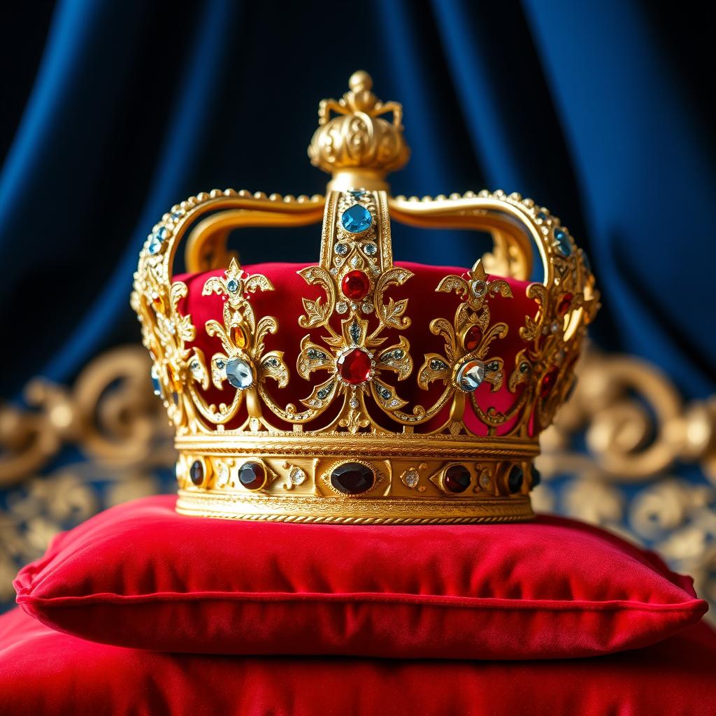 A majestic royal crown, intricately designed with sparkling jewels and golden embellishments