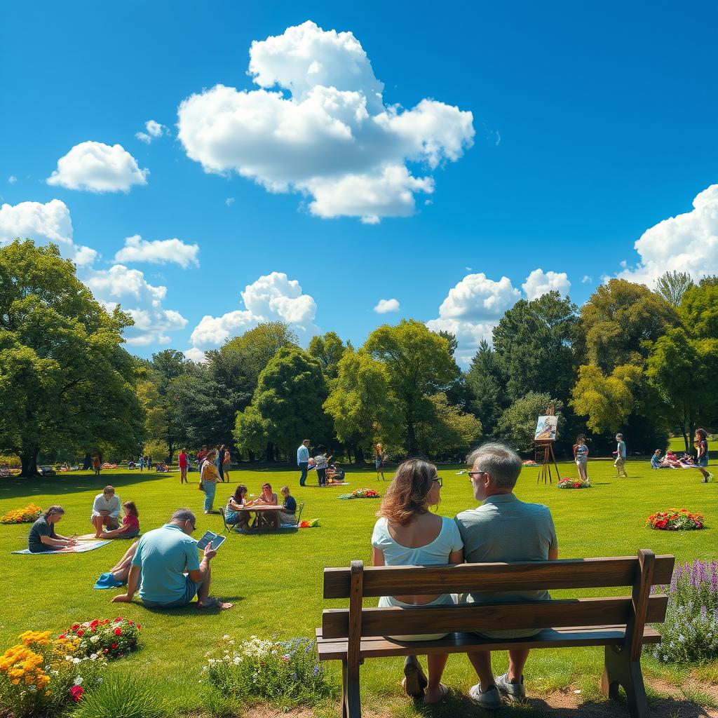 A thought-provoking scene depicting a serene, vibrant landscape where people interact face-to-face without the influence of social media