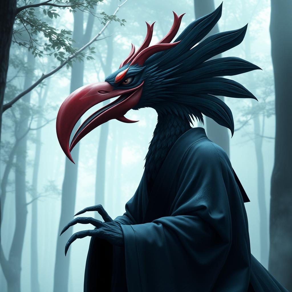 A Japanese tengu, a mythical creature known for its human and bird-like features, depicted in a striking dark petrol color