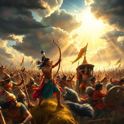An epic scene from the Mahabharata depicting a fierce battle in Kurukshetra, with warriors from both Pandava and Kaurava factions clashing in vibrant traditional armor