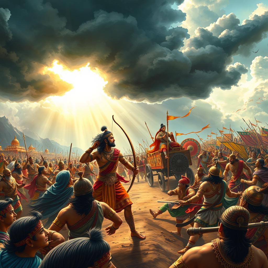 An epic scene from the Mahabharata depicting a fierce battle in Kurukshetra, with warriors from both Pandava and Kaurava factions clashing in vibrant traditional armor