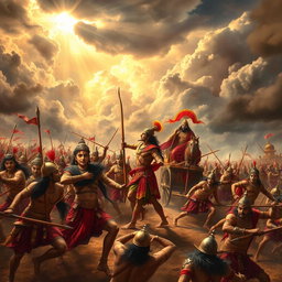 An epic scene from the Mahabharata depicting a fierce battle in Kurukshetra, with warriors from both Pandava and Kaurava factions clashing in vibrant traditional armor