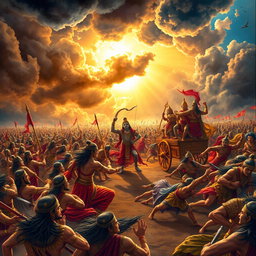 An epic scene from the Mahabharata depicting a fierce battle in Kurukshetra, with warriors from both Pandava and Kaurava factions clashing in vibrant traditional armor