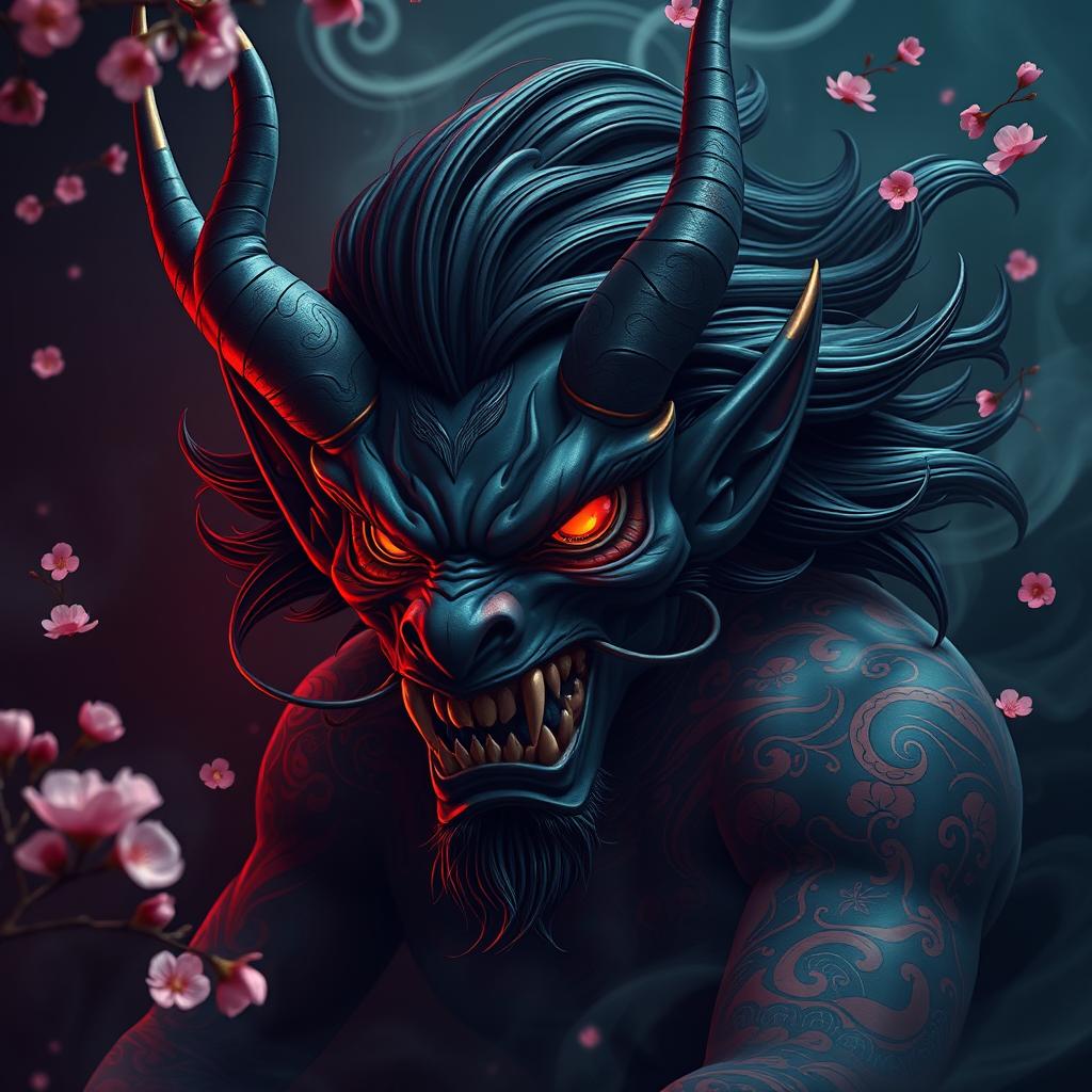 A striking Japanese demon embodying elements of traditional folklore, featuring vivid dark petrol colors