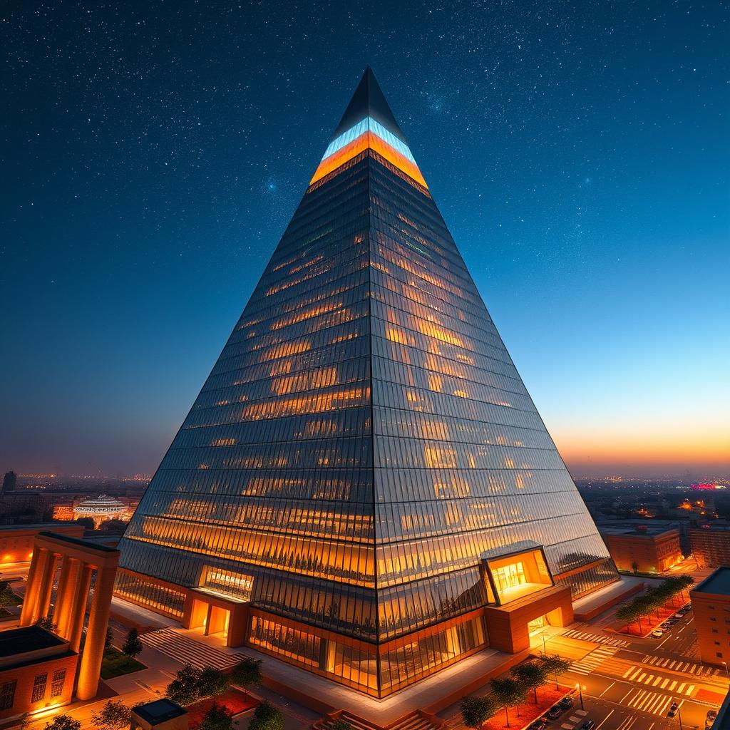 EBEEAVIJAN, a 90-meter modern pyramid soaring into the sky, resembling an ancient temple belonging to another world