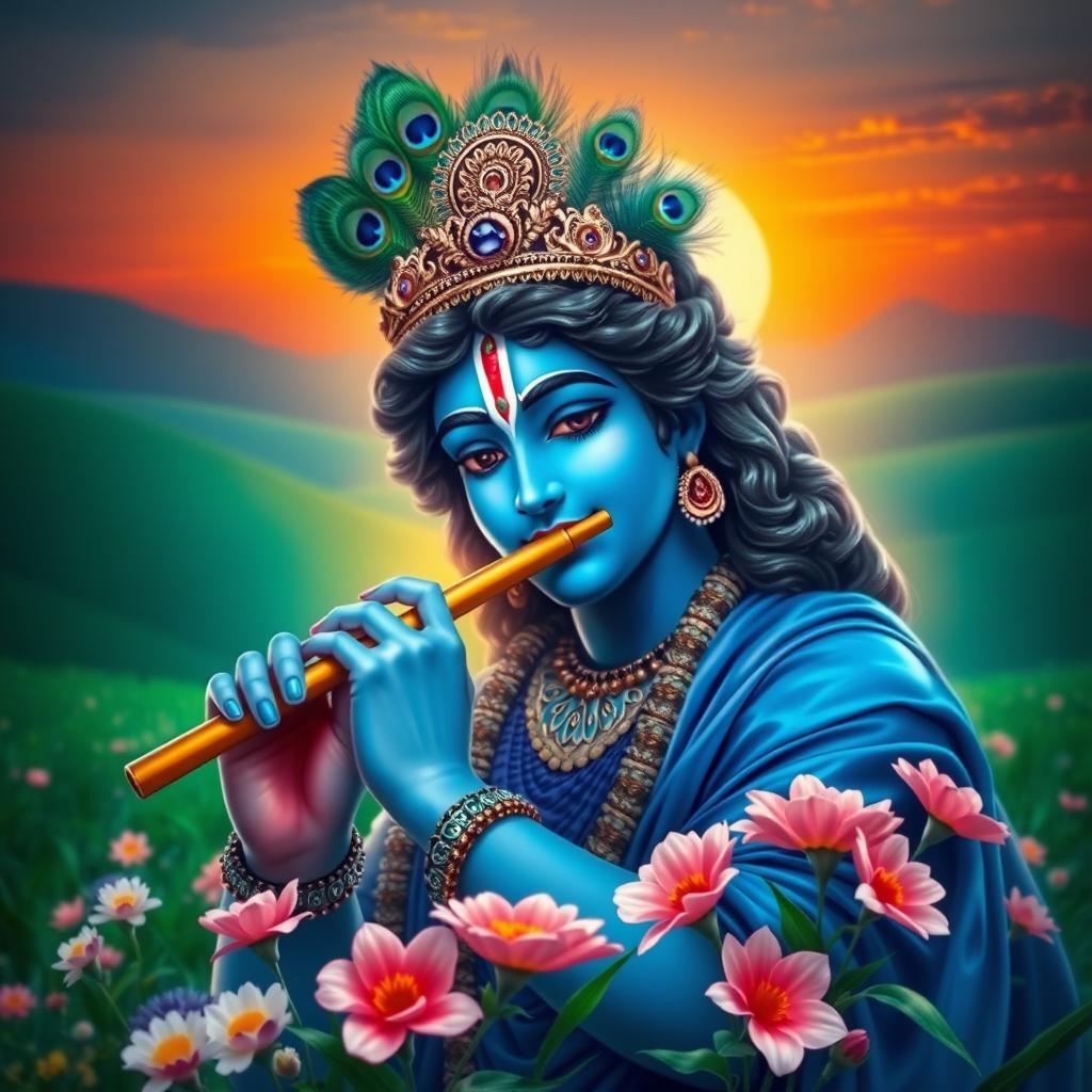 A stunning portrayal of Krishna, dressed in vibrant blue, adorned with a crown of peacock feathers