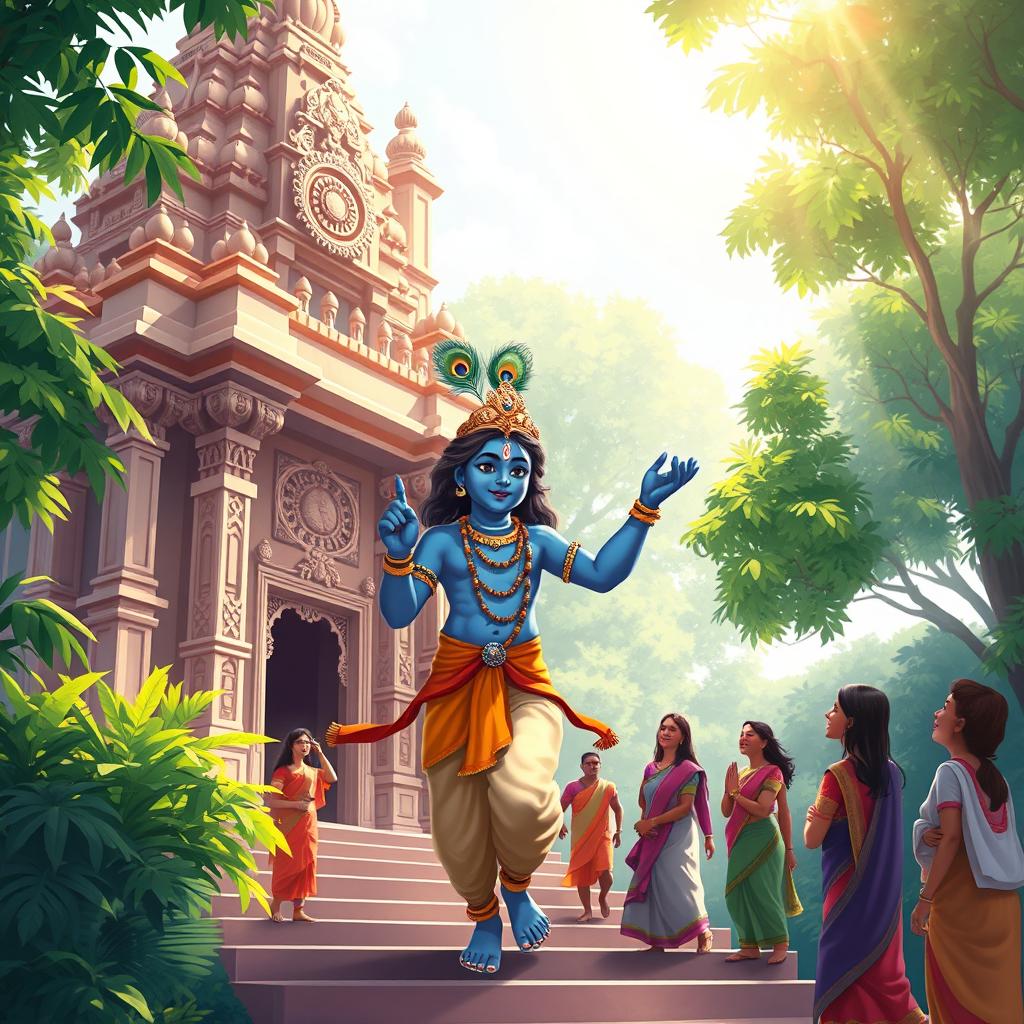 A beautifully illustrated scene of Lord Krishna gracefully exiting a grand temple