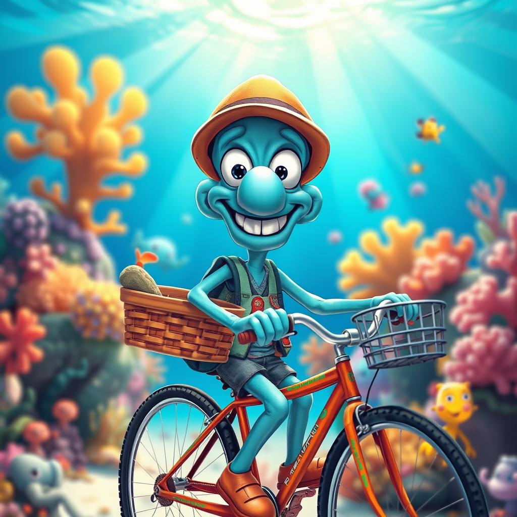 A cheerful Squidward in a vibrant underwater setting, smiling broadly as he prepares to leave for work