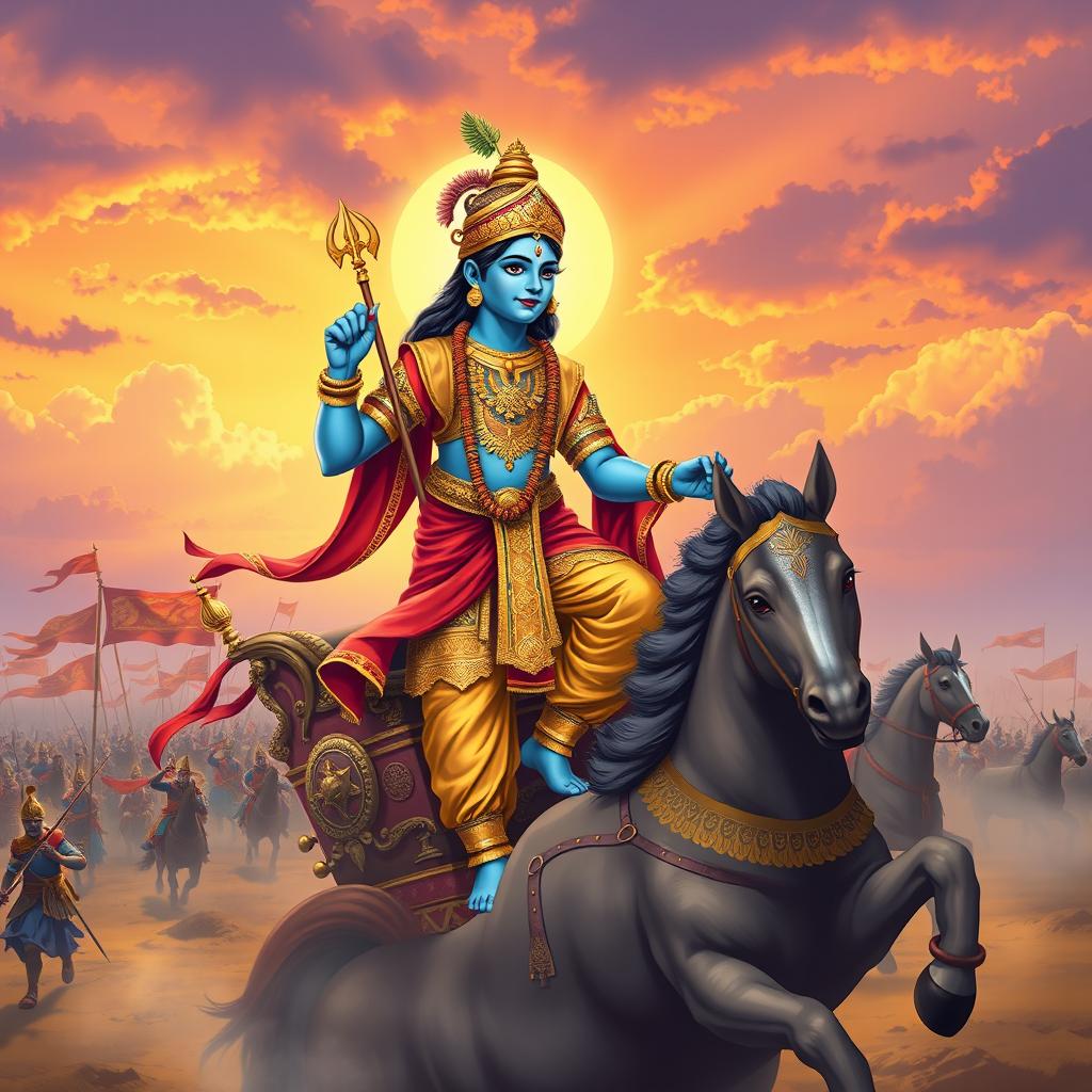 Illustration of Lord Krishna in a majestic pose, depicted as a youth with blue skin, adorned in vibrant traditional attire with intricate gold patterns