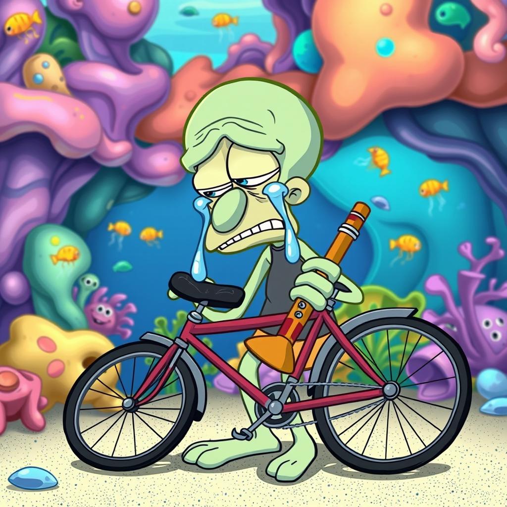 A cartoon scene featuring Squidward from SpongeBob SquarePants, showing him with a sad expression as he cries over a broken bicycle