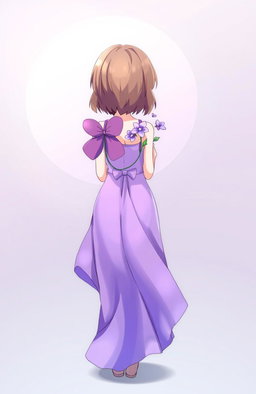 A girl standing with her back to the viewer, holding a delicate purple flower behind her back, dressed in a flowing purple dress that cascades down her figure
