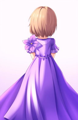 A girl standing with her back to the viewer, holding a delicate purple flower behind her back, dressed in a flowing purple dress that cascades down her figure