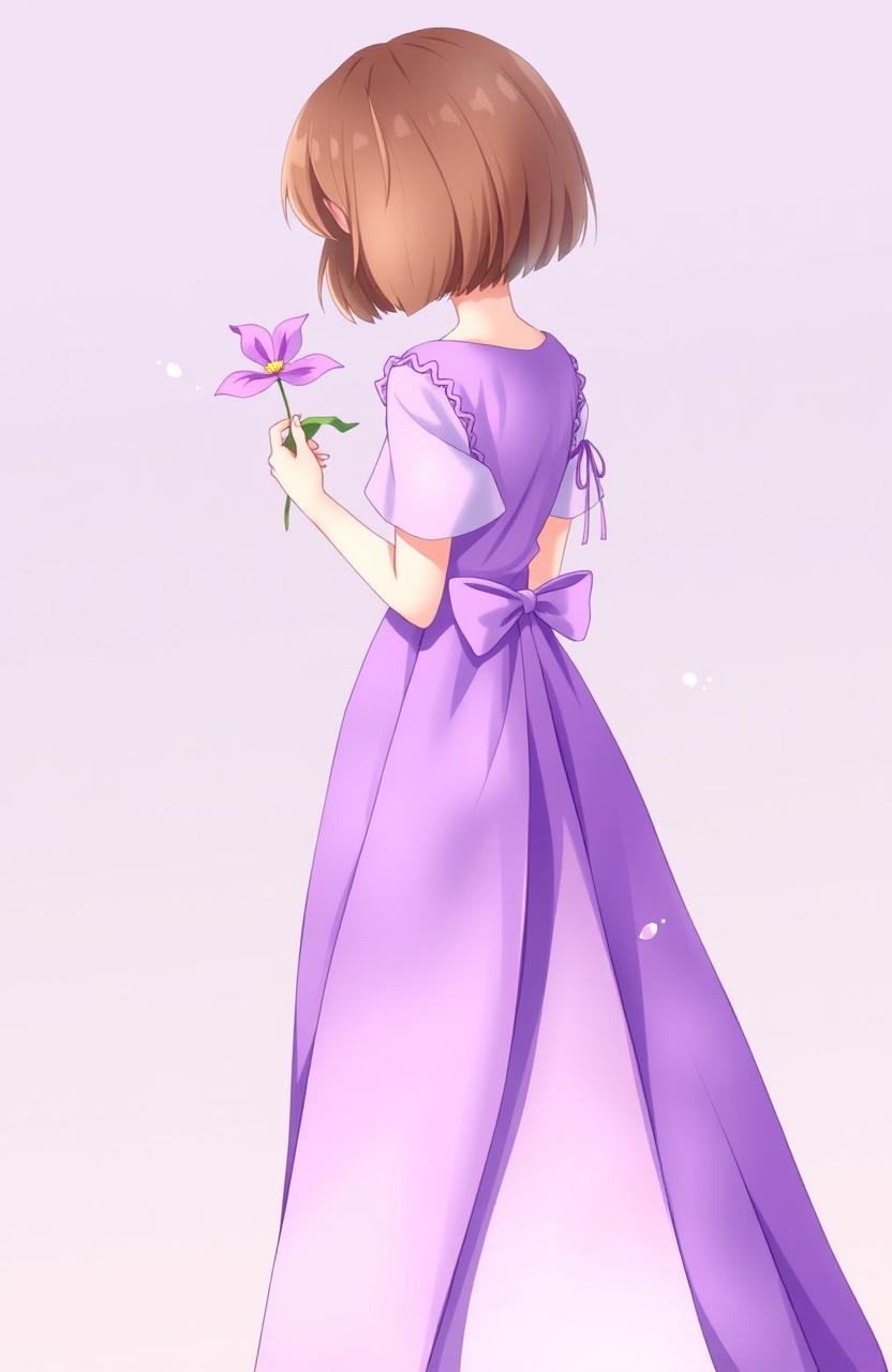 A girl standing with her back to the viewer, holding a delicate purple flower behind her back, dressed in a flowing purple dress that cascades down her figure
