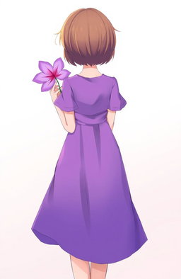 A girl standing with her back to the viewer, holding a delicate purple flower behind her back, dressed in a flowing purple dress that cascades down her figure