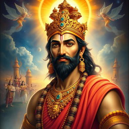A majestic portrait of Yudhishthira, the eldest of the Pandavas from the epic Mahabharata, depicted in traditional Indian attire