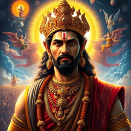 A majestic portrait of Yudhishthira, the eldest of the Pandavas from the epic Mahabharata, depicted in traditional Indian attire