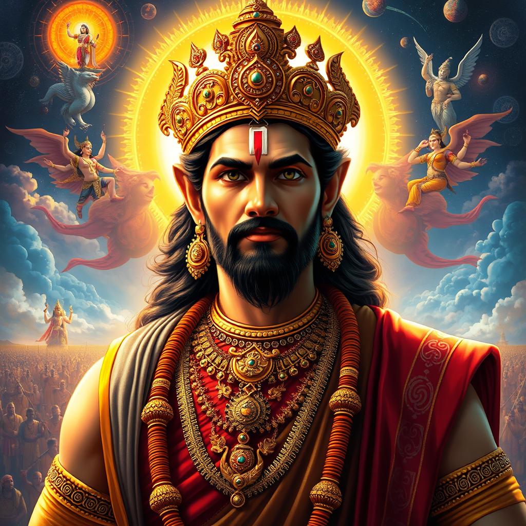 A majestic portrait of Yudhishthira, the eldest of the Pandavas from the epic Mahabharata, depicted in traditional Indian attire