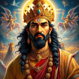A majestic portrait of Yudhishthira, the eldest of the Pandavas from the epic Mahabharata, depicted in traditional Indian attire