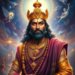 A majestic portrait of Yudhishthira, the eldest of the Pandavas from the epic Mahabharata, depicted in traditional Indian attire