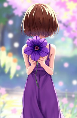 A girl with short brown hair standing with her back to the viewer, wearing a flowing purple dress