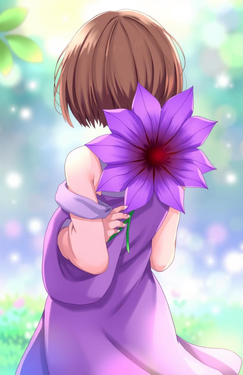 A girl with short brown hair standing with her back to the viewer, wearing a flowing purple dress