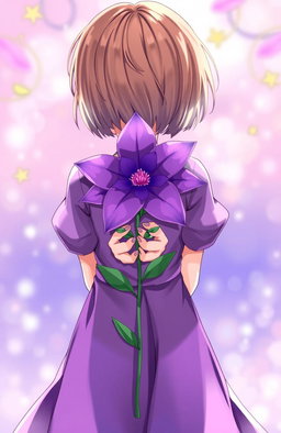 A girl with short brown hair standing with her back to the viewer, wearing a flowing purple dress