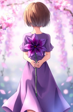 A girl with short brown hair standing with her back to the viewer, wearing a flowing purple dress