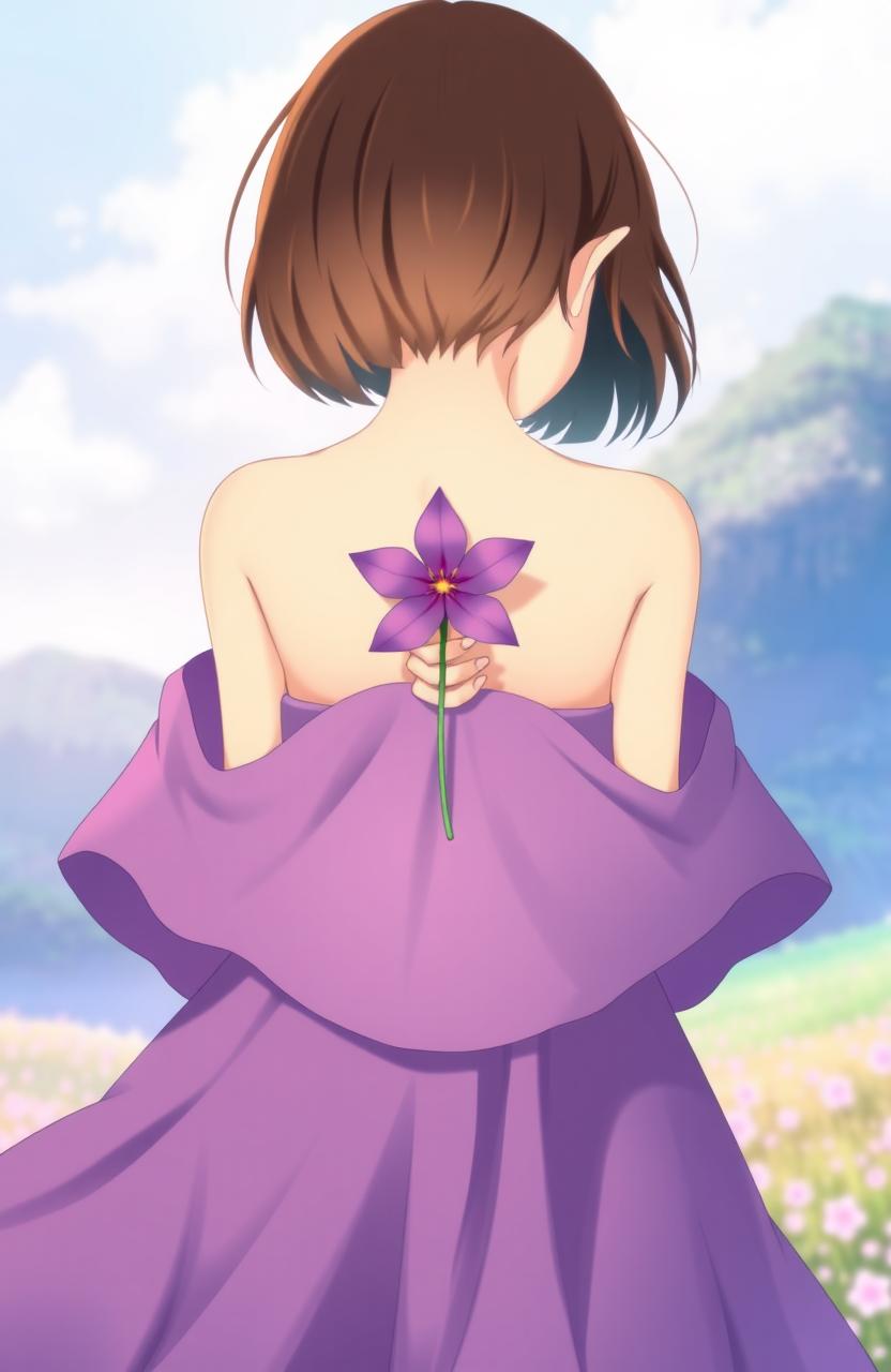 A girl wearing a flowing purple dress, her short brown hair gently cascading along her shoulders, holding a beautiful purple flower behind her back with both hands