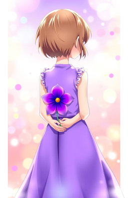 A girl with short brown hair wearing a beautiful purple dress, holding a vibrant purple flower behind her back with both hands