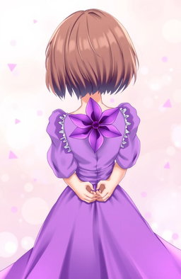 A girl with short brown hair wearing a beautiful purple dress, holding a vibrant purple flower behind her back with both hands