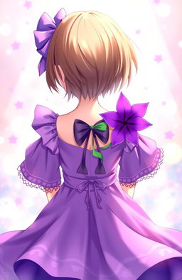 A girl with short brown hair wearing a beautiful purple dress, holding a vibrant purple flower behind her back with both hands
