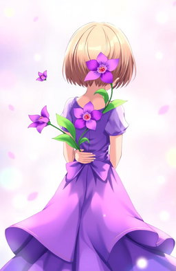 A girl with short brown hair wearing a beautiful purple dress, holding a vibrant purple flower behind her back with both hands