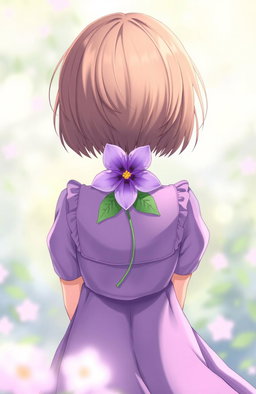 A girl with short brown hair, holding a beautiful purple flower behind her back with both hands