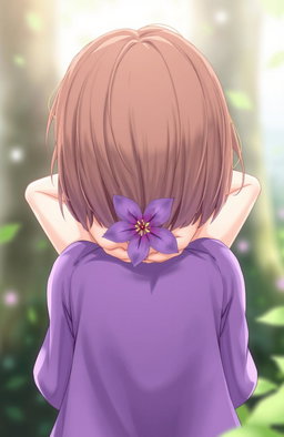 A girl with short brown hair, holding a beautiful purple flower behind her back with both hands