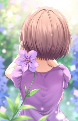 A girl with short brown hair, holding a beautiful purple flower behind her back with both hands
