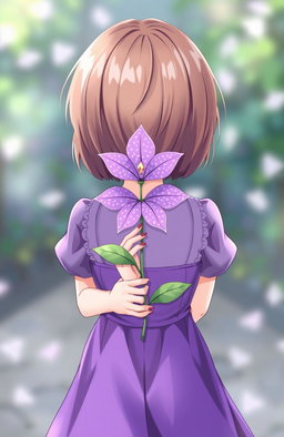 A girl with short brown hair, holding a beautiful purple flower behind her back with both hands