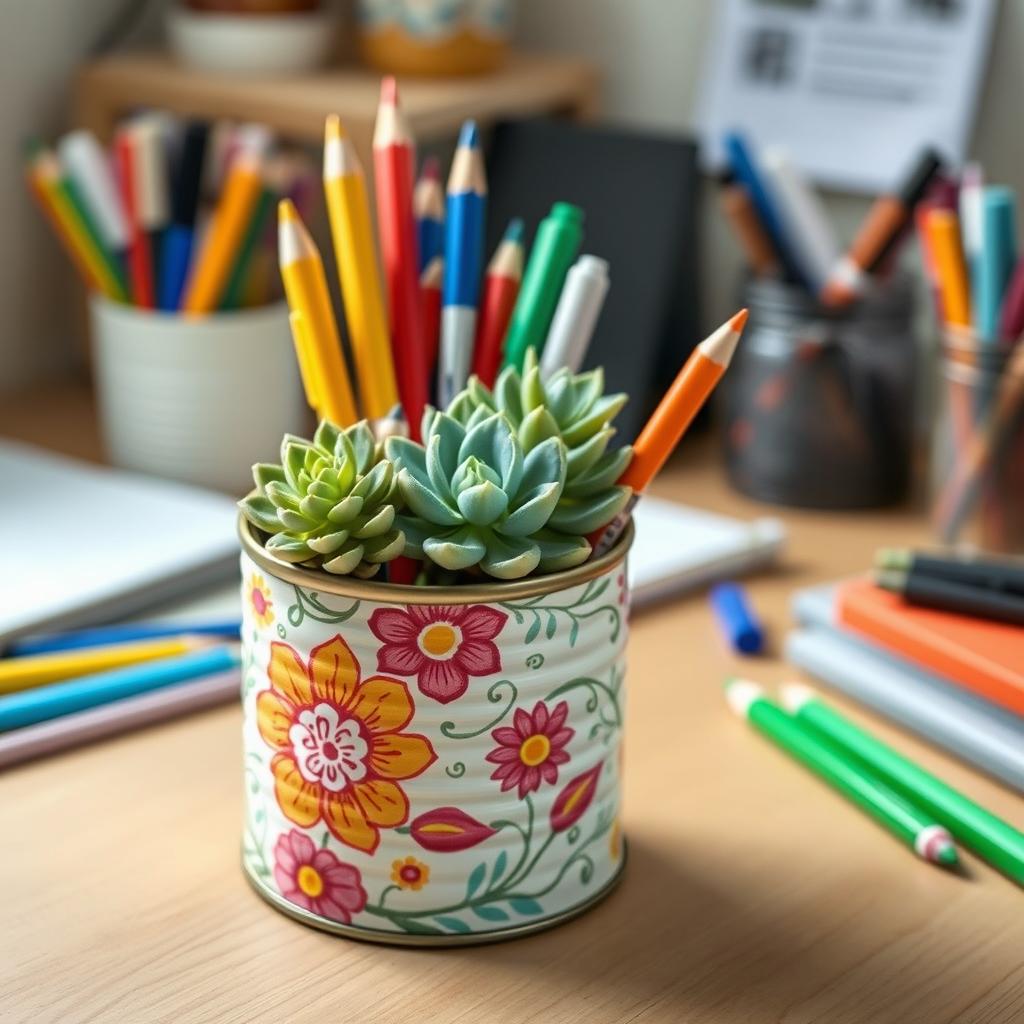 A realistic DIY pen holder made from a white can